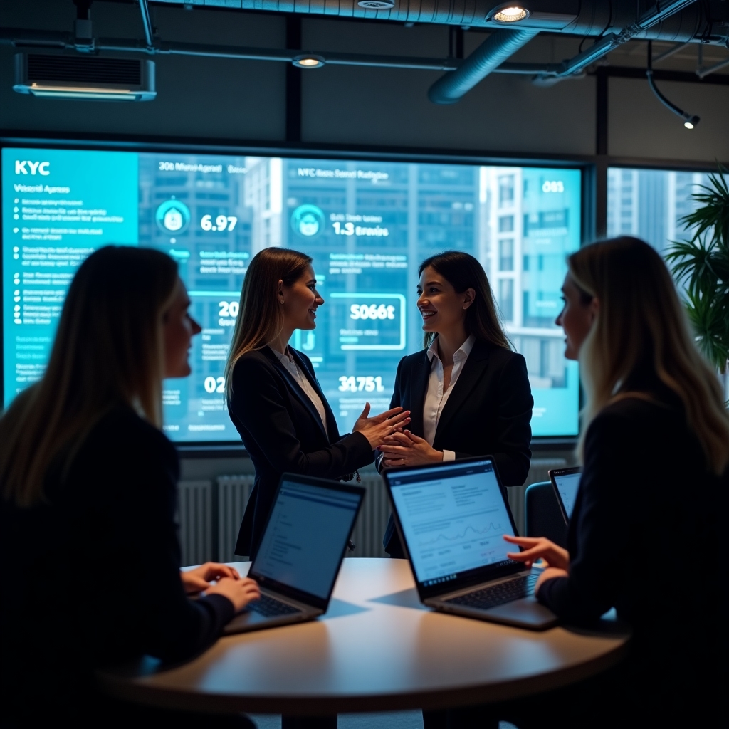 FinTech company office with professionals working on digital banking solutions